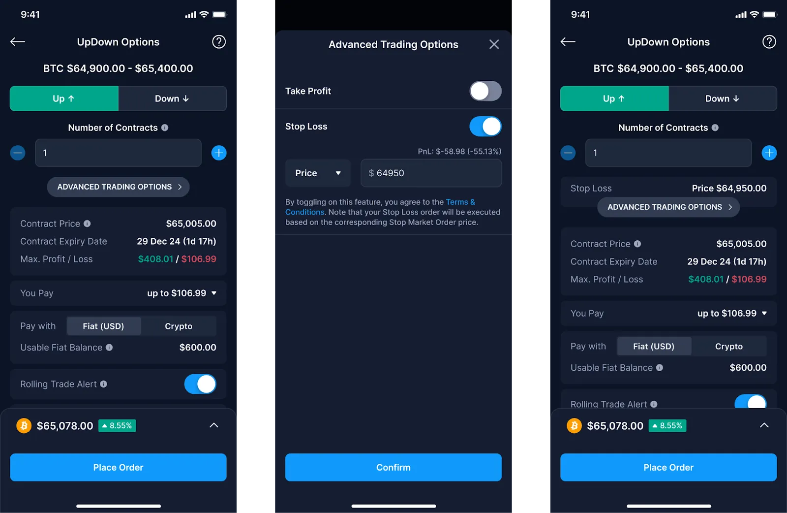 setting up stop loss take profit order for updown options